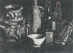Натюрморт с глиняной посудой, пивным стаканом и бутылями